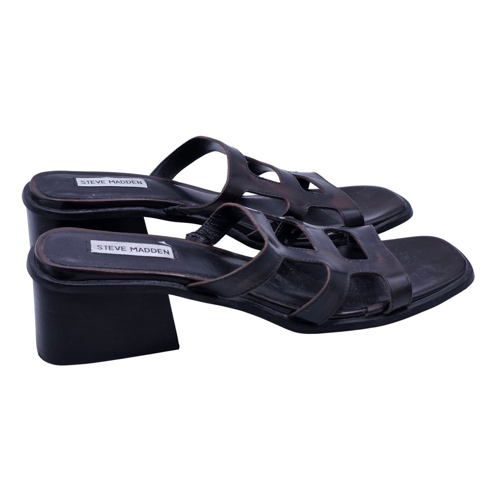 Steve Madden Princess Sandals Womens 10 Brown Leather Cage Block Heel Mules